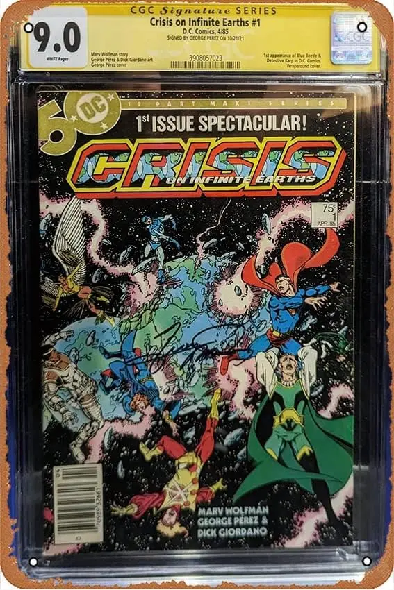 1pcs Graded Comic - Crisis On Infinite Earths #1 Signed (04/85 CGC 9.0) Retro Metal Tin Sign Vintage Room Decor Poster for Home