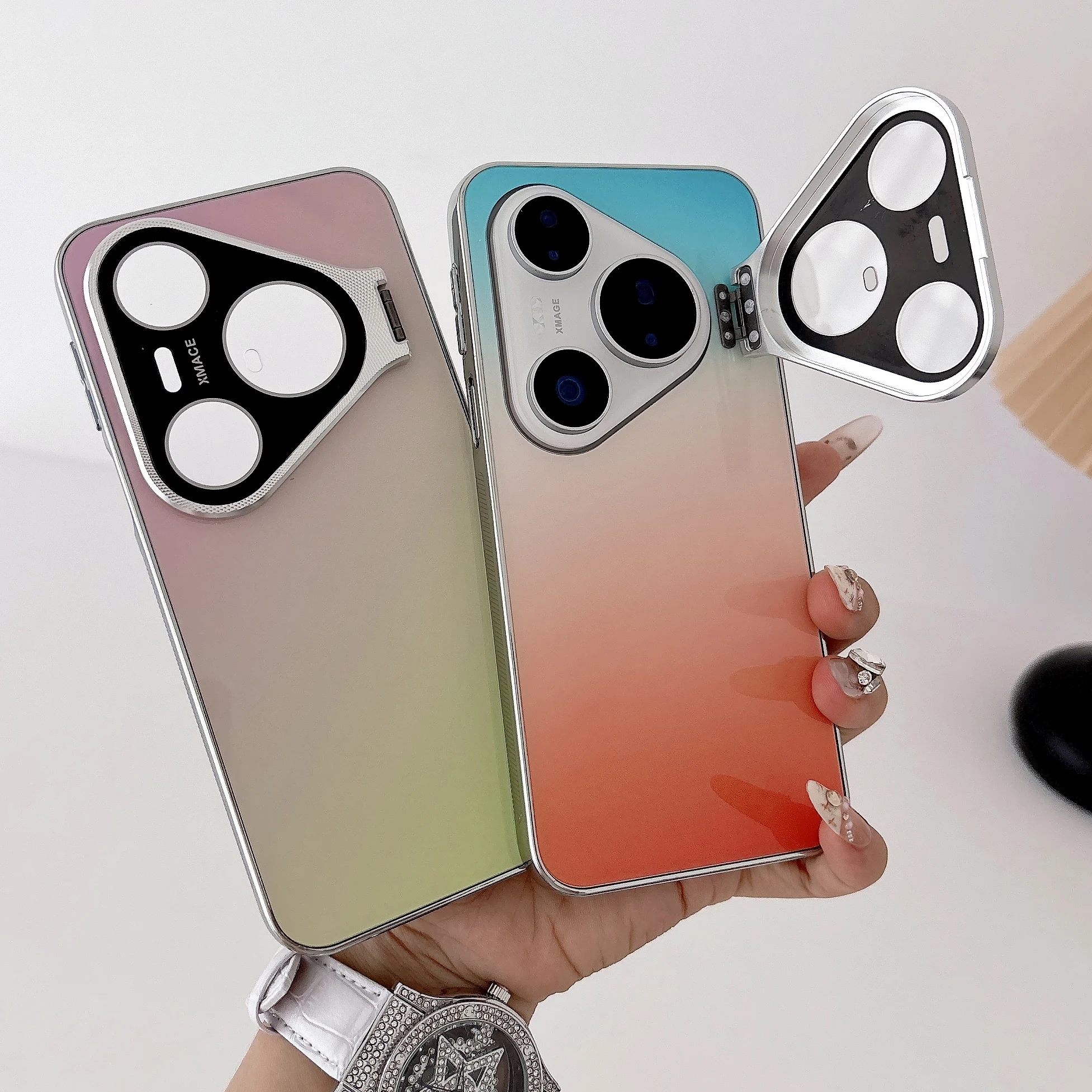

Gradient Built-in Glass Camera Protection Phone Case For Huawei Pura 80 Pro 90 Pro Max, Slim Metal Lens Kickstand Hard Cover