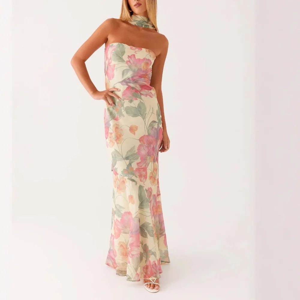 

Fashionable Spring Summer Long Dress Digital Print Elegant Mesh Satin Strapless Strap Neck High Waist Backless Tube Top Dress