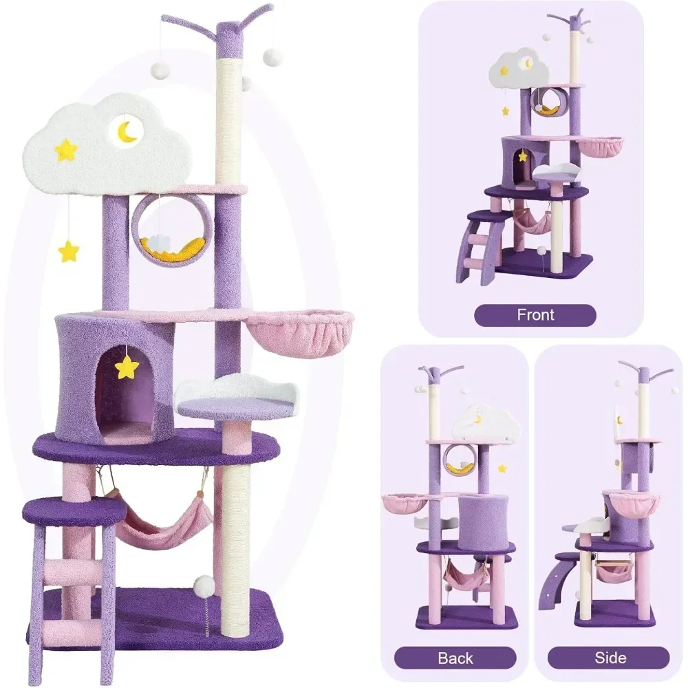 Lucky Monet Cute Cat Tower 65 Inches, Unique Cat Tree Large Tall for Indoor Cats