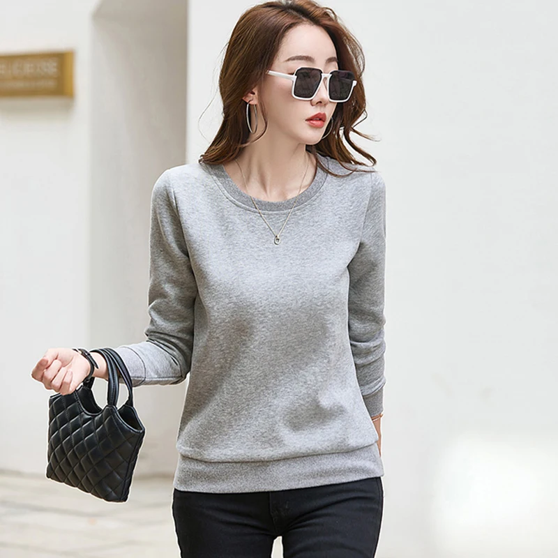 New Women Loose Sweatshirt Spring Autumn Fashion Classic O-Neck Long Sleeve Casual Pullover Simplicity Basics Gray Tops