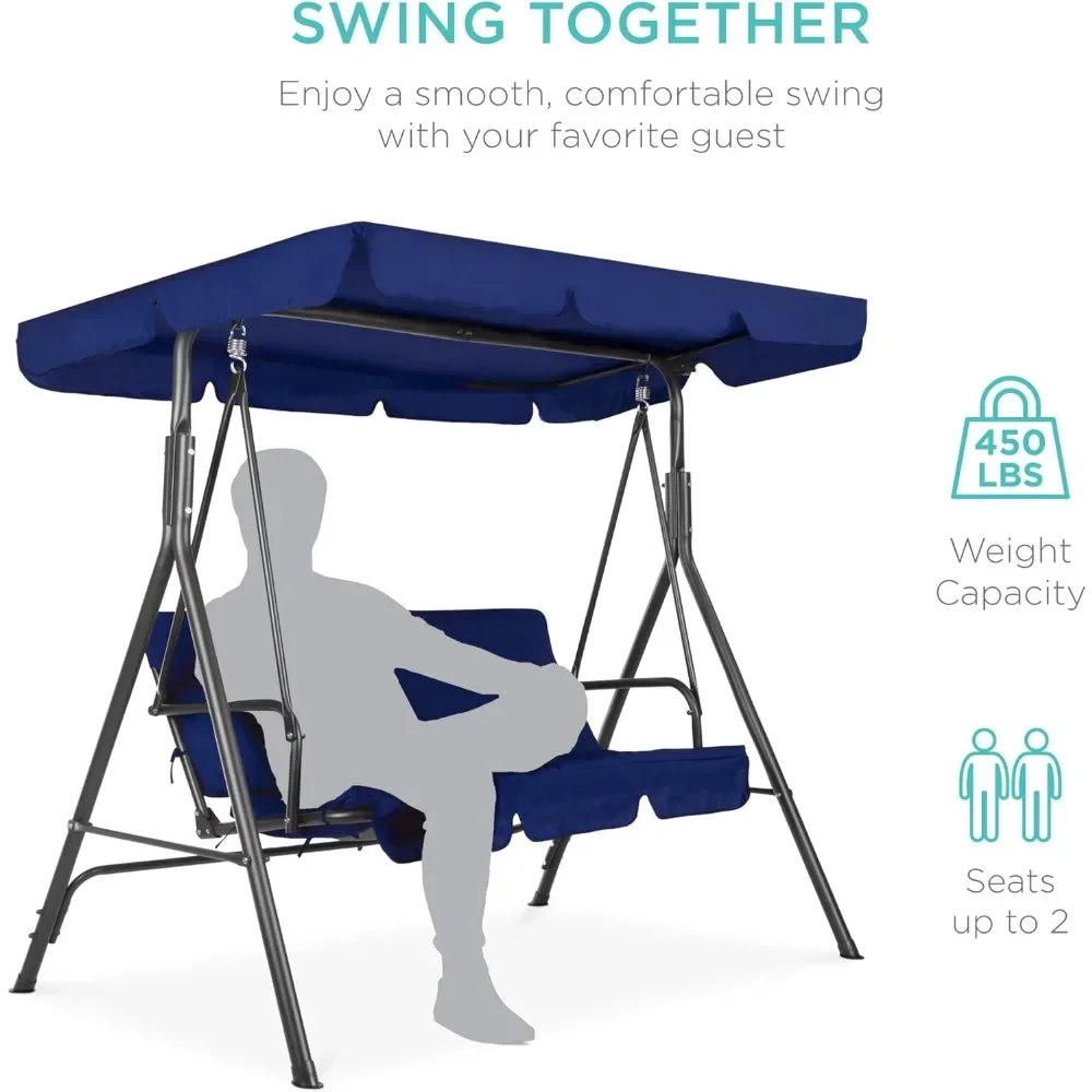 2-Person Outdoor Patio Swing Chair,Hanging Glider Porch Bench for Garden,Poolside,w/Convertible Canopy,Removable Cushions - Blue