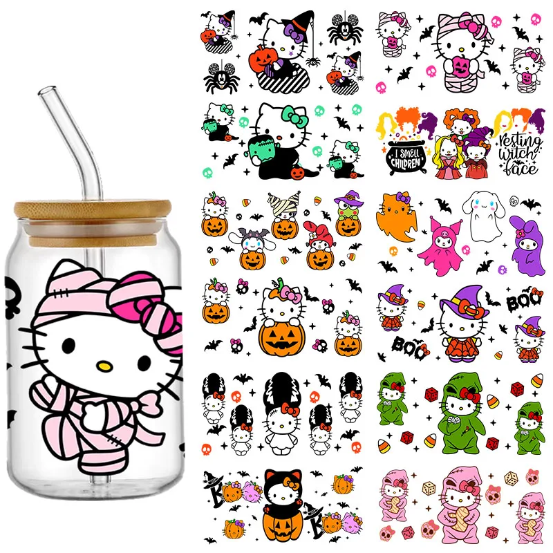 

Miniso Halloween Hello Kitty 16OZ UV DTF Cup Wraps Transfer Sticker For Glass Libbey Can Bottle Selfadhesive Washable DIY Custom