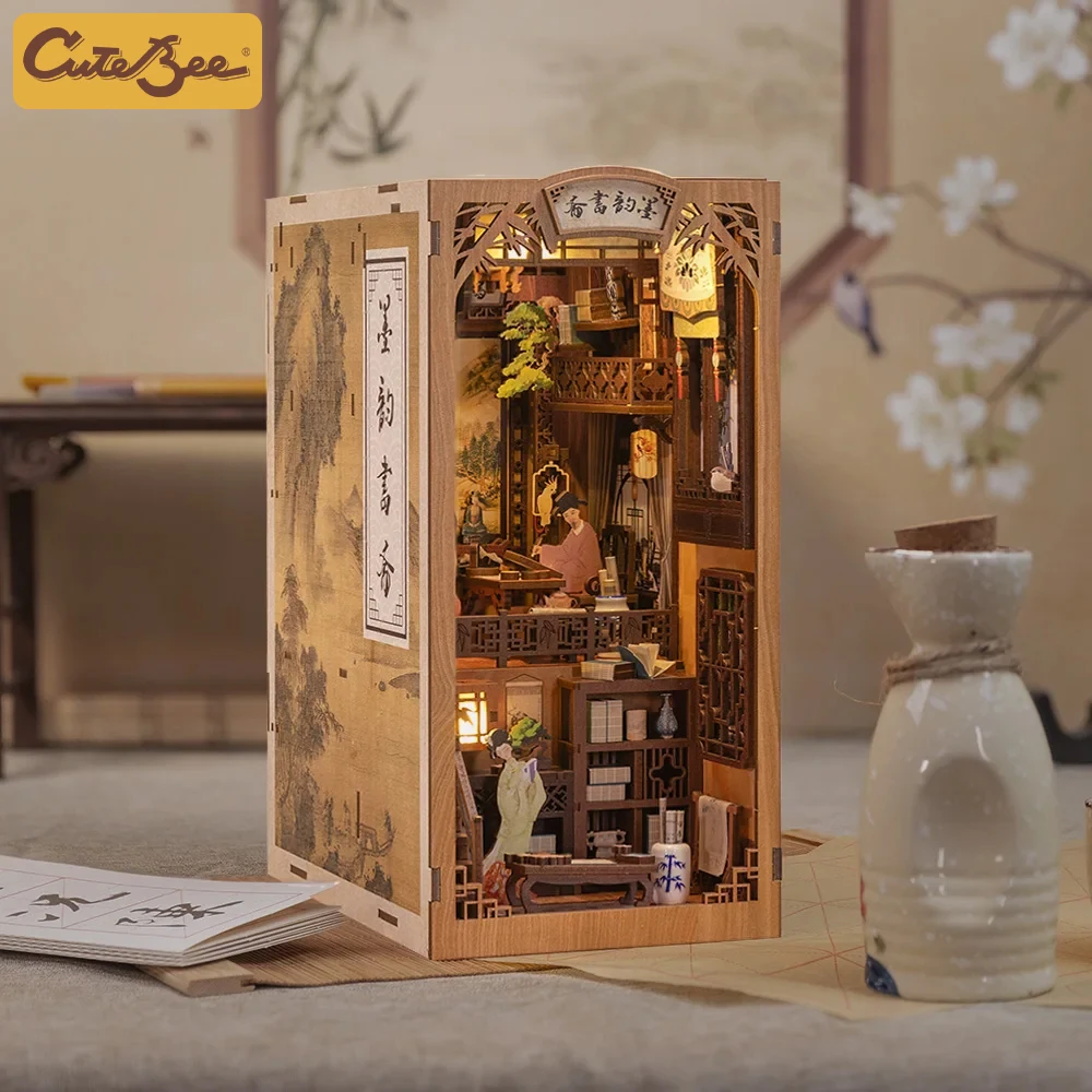 

CUTEBEE Book Nook Miniature DollHouse Kit With Touch Light Dust Cover Doll House Model Toy For Birthday Gift Ink Rhyme Bookstore