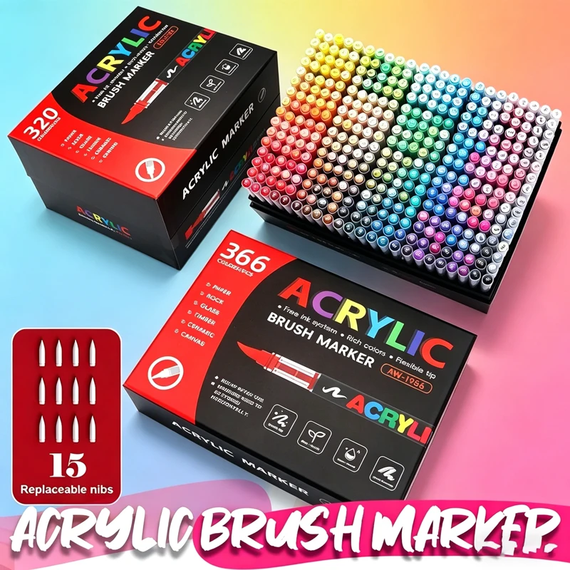 12-366 Colors Acrylic Brush Markers, Soft Tip Pens for Drawi