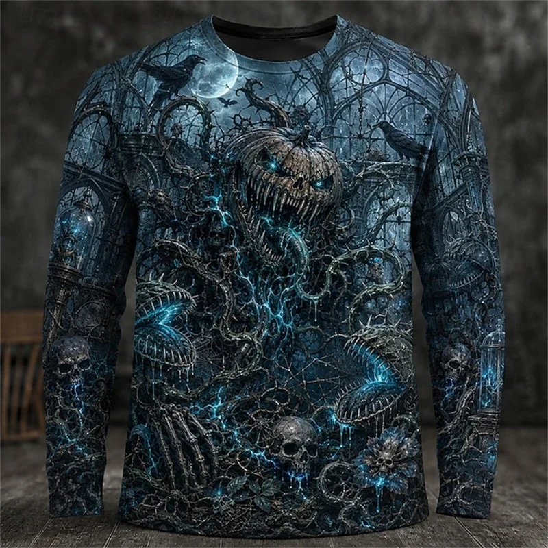 2026 Neues Herren-Halloween-Themen-Langarm-T-Shirt mit Rundhalsausschnitt und gruseligem Zauberer-Schädel-Print, Herren-Party-Oberteil für Feiertage – Detail 12