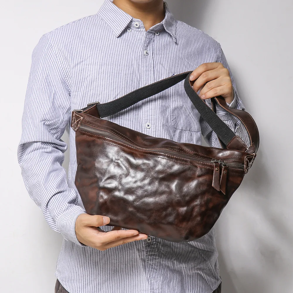 Vintage Genuine Leather Chest Bag with Large Capacity and Zipper, Multi-functional Waist Pack