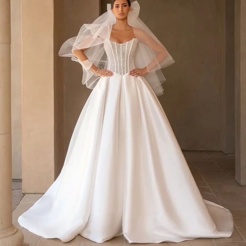 

Satin Ivory White Wedding Dresses off-shoulder A Skirt Beadwork decal Long tail Bridal Gowns Made Customized