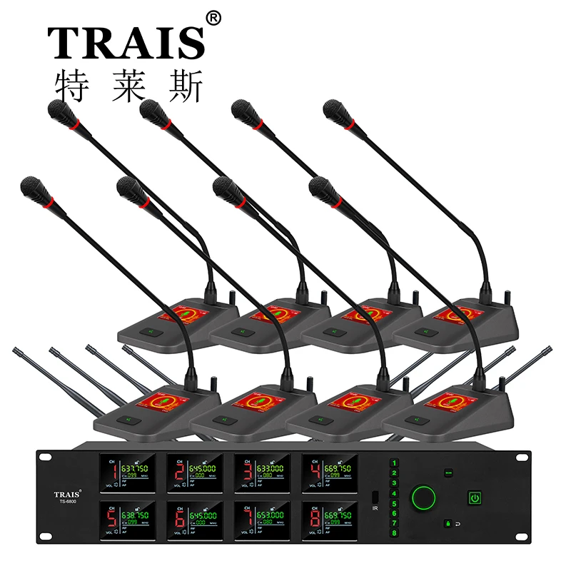 8 Channels Wireless Microphone Metal Rechargeable Gooseneck Conference Table Mic