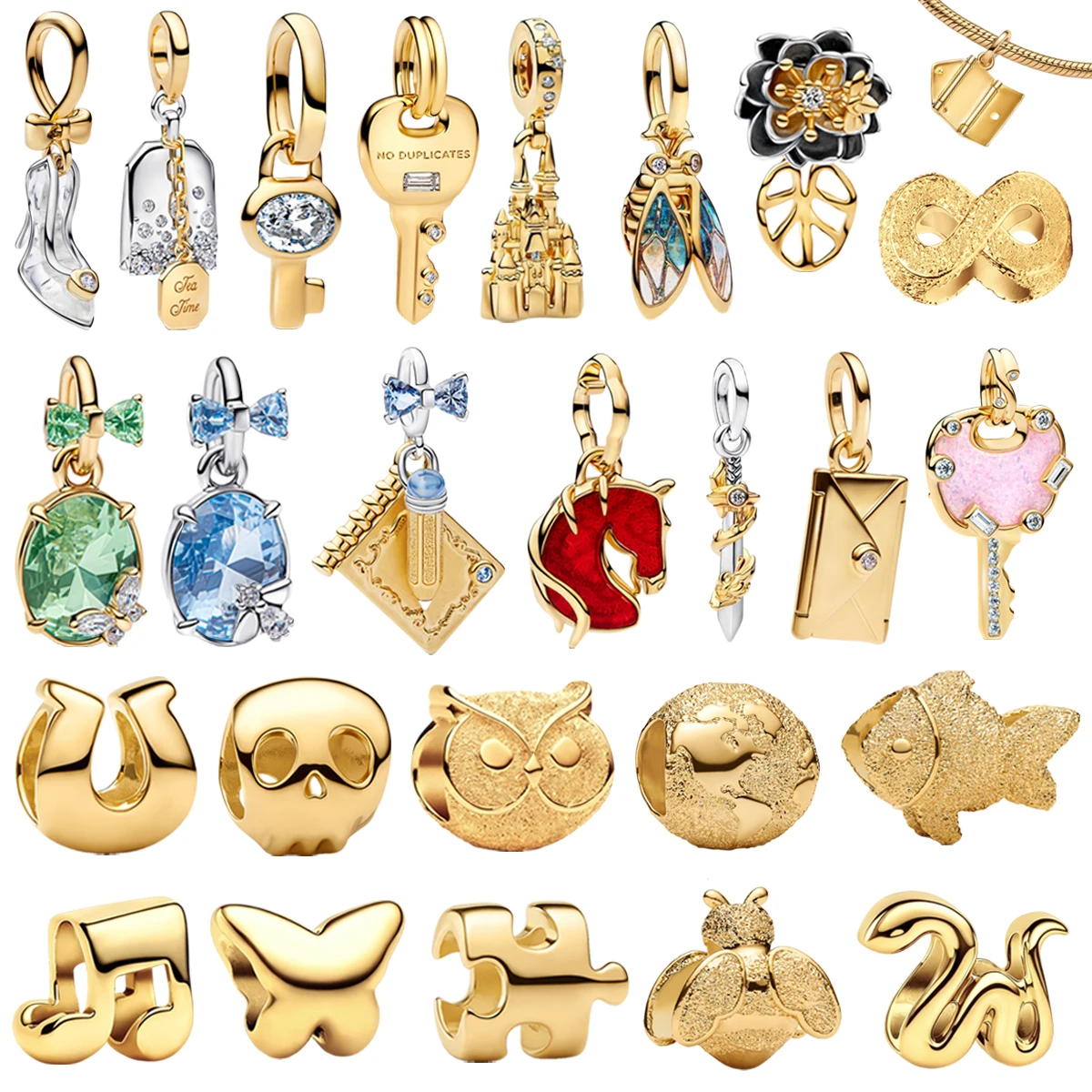 

New 925 Sterling Silver Gold Fish Key Owl Envelope Butterfly Pendant Bead fit Women DIY Bracelet Necklace Birthday Jewelry Gift