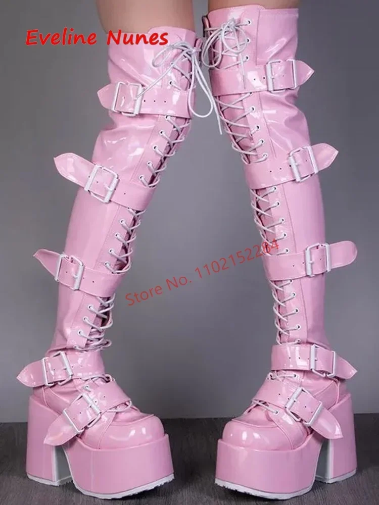 Pink Platform Over The Knee Boots Women\'s Luxury Brand Leather Round Toe Chunky Heel Fashion Plus Size Sexy Elastic Shoes