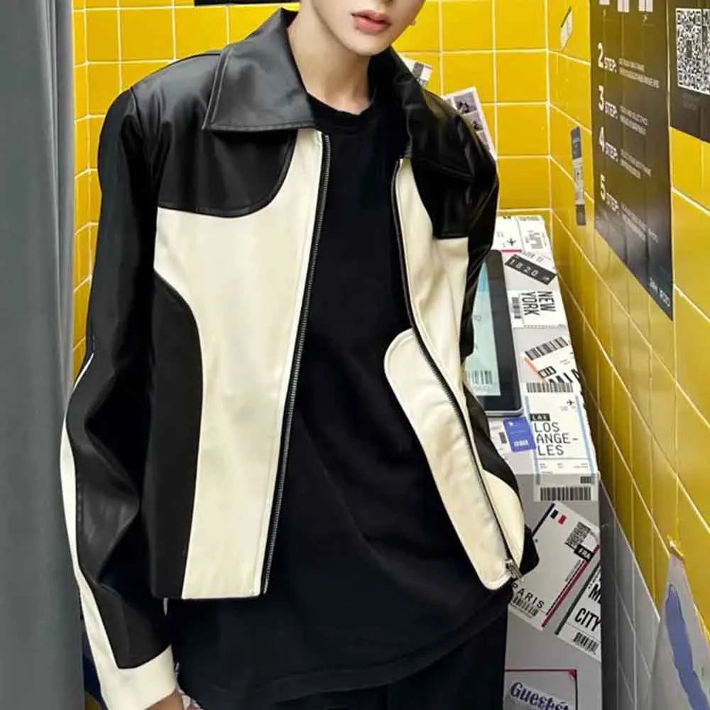 

2025 зимняя новая мужская кожаная куртка с длинными рукавами и цветными блоками, американский ретро-модный модный уличный повседневный свободный нишевый мужской топ