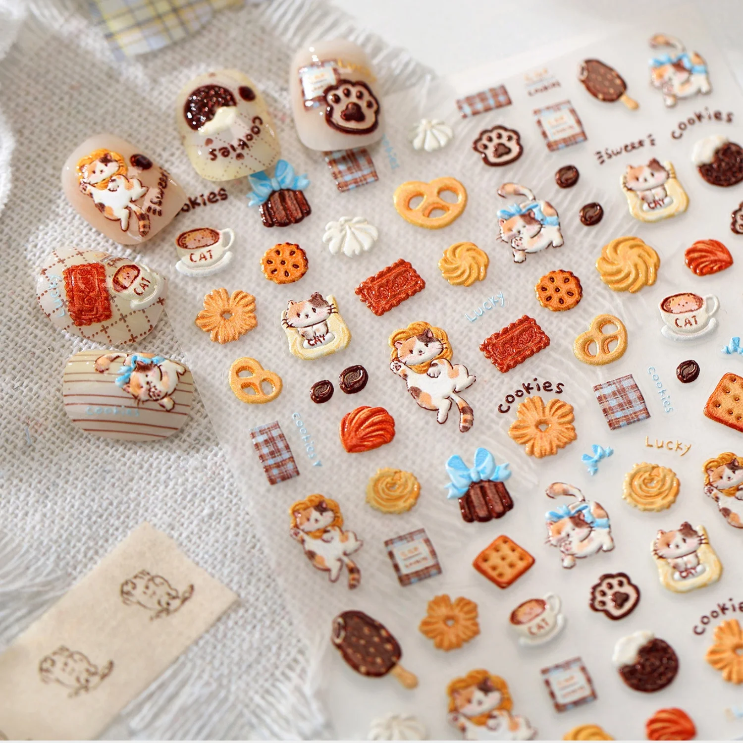 Cute Orange Cat Cookie Chocolate Ice Cream Plaid Napkin Coffee Cup Paw Print Cookies 5D Nail Stickers Sweet Self Adhesive Decal
