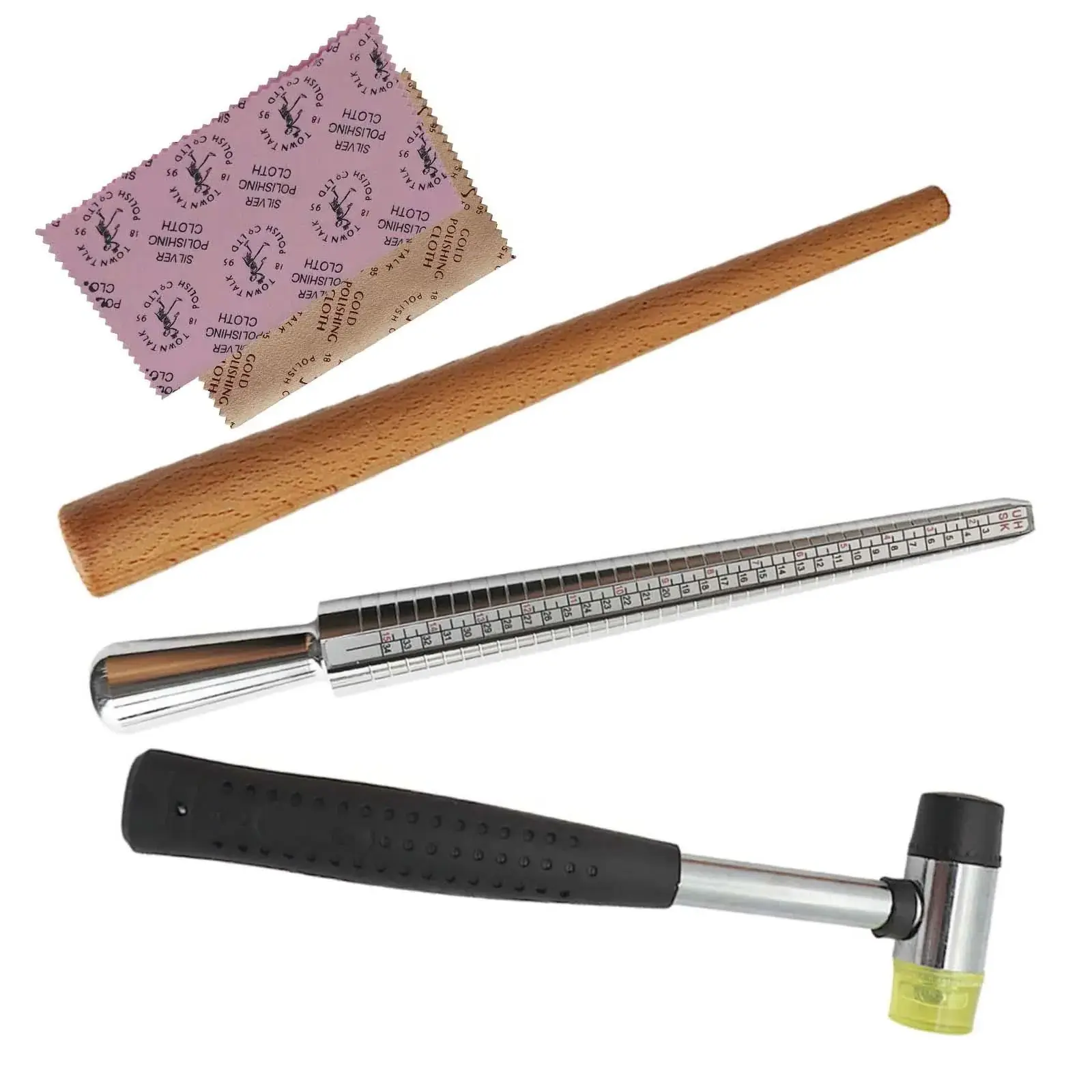 Professional Jewelry Ring Sizer Mandrel Set - Metal Measuring Tool Kit with Rubber Mallet, Wood Shaper & Silver Polishing Cloth
