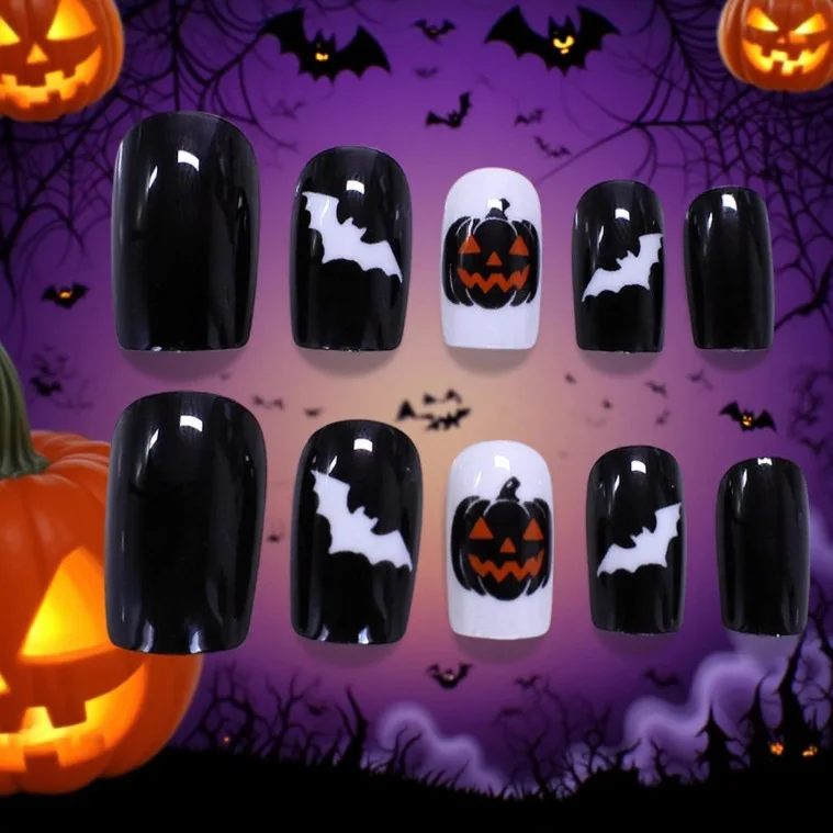 

24pcs Bat Pumpkin Press on Nails Halloween Fake Nails Full Cover Wearable False Nails