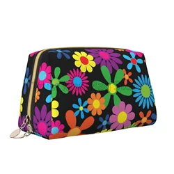 Hippie Flowers Leather Large Makeup Bag Women Travel Toiletry Pouch Cosmetic Bags Portable Multifunctional Storage Organizer