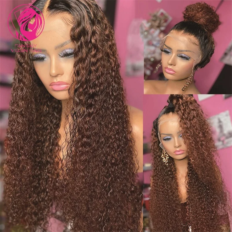 Ombre Brown Curly Human Hair Wig 180 Density Full Lace Kinky Curly Wigs Black Roots Pre Plucked 13x6 Lace Frontal Wig For Women