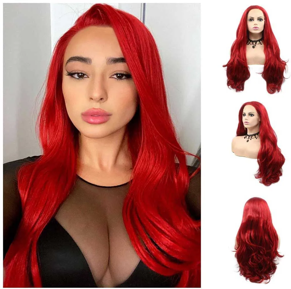 Sylvia Long Hair Red Color Wavy Synthetic Lace Front Wig For Women Side Part Heat Resistant Glueless Cosplay Wigs Makeup Wedding