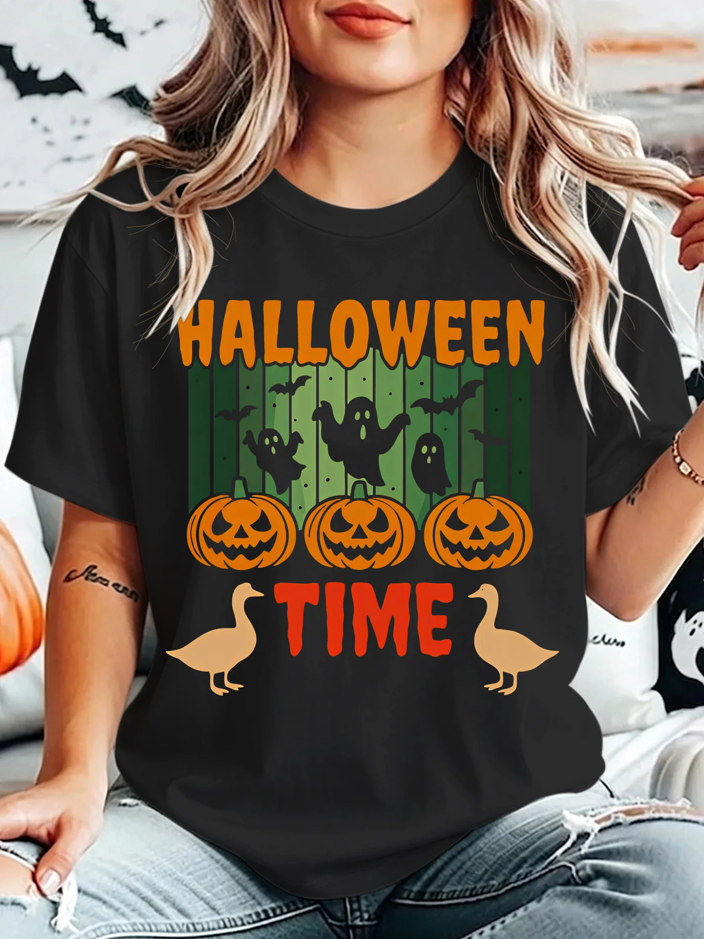 Halloween Time Ghost Pumpkin Duck Womens Crew Neck Short Sleeve T Shirt Spooky Bat Fall Graphic Tees For Ladies Daily Wear