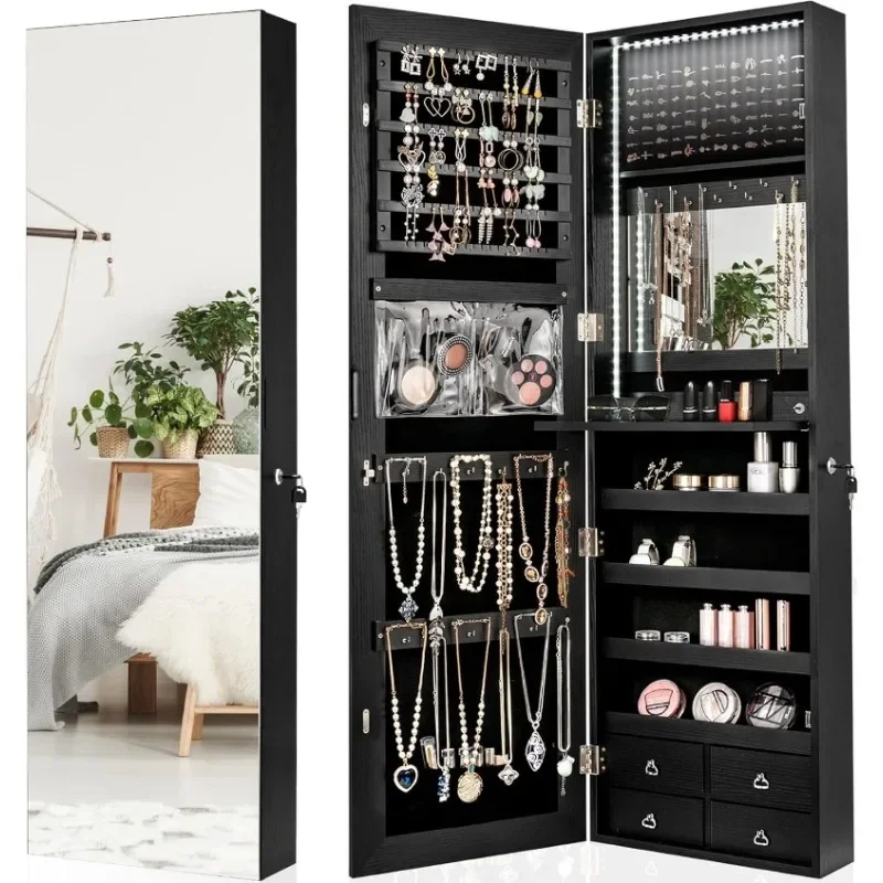 LED Strip Jewelry Armoire with Full Length Mirror, Wall/Door Mounted Jewelry Organizer, Flip-over Cosmetic Tray, 4 Drawers