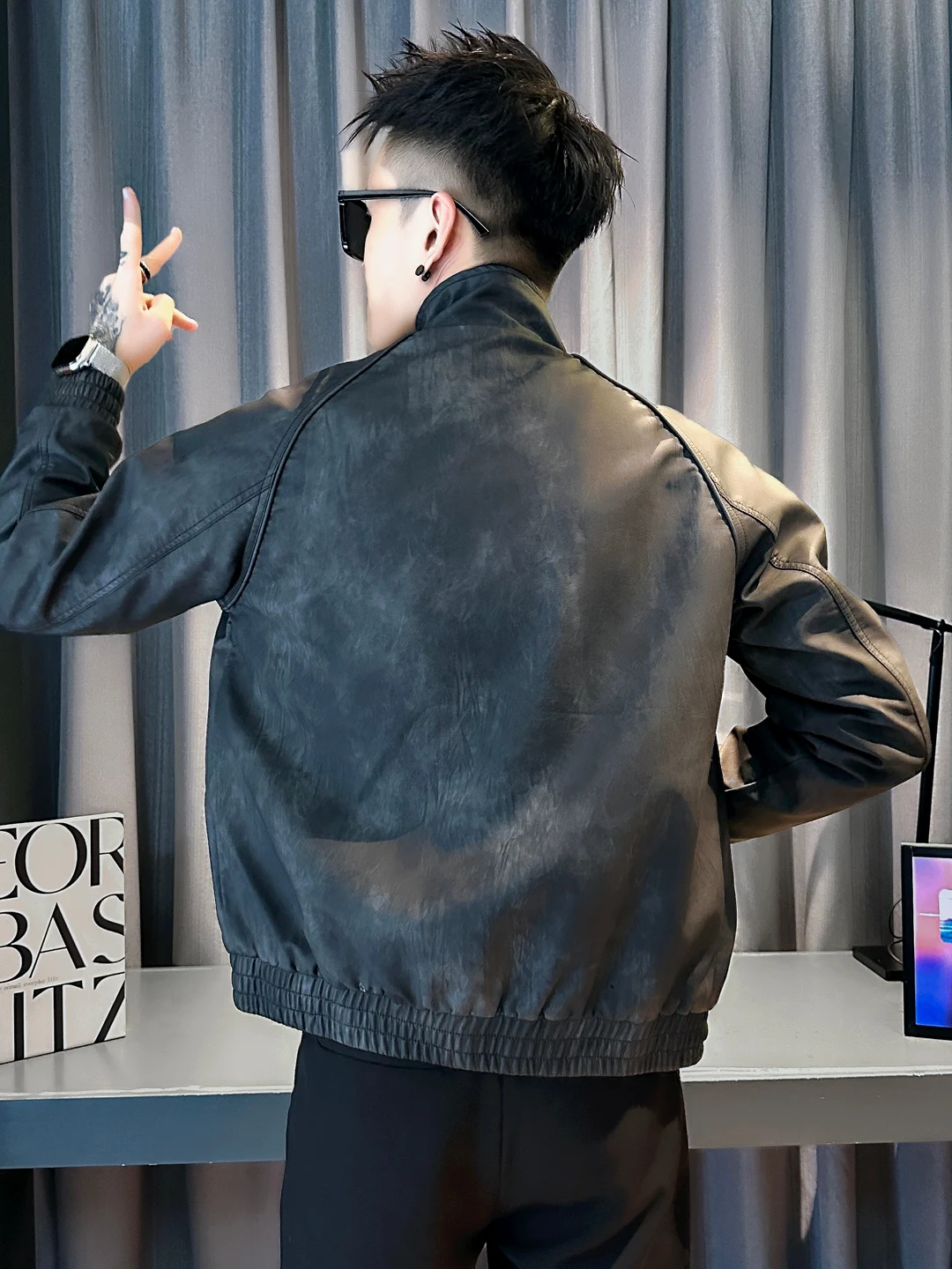 Masculino tie dye couro do plutônio jaet casual sle motocicleta tema primavera outono faion marca bordado high-end sentir novo modelo