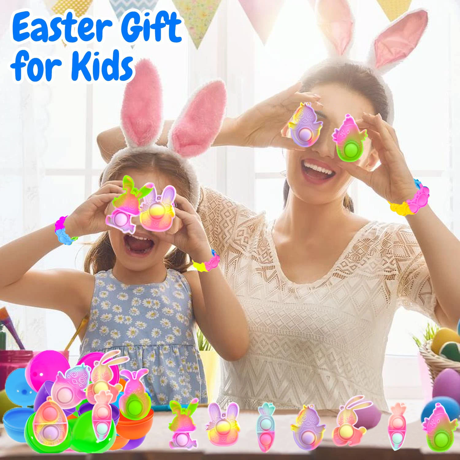 12-144Pcs Bunny Pop Bracelets Fidget Toy Rabbit Easter Day Gift for Kid Stress Relief Wristband Silicone Bracelet Birthday Favor