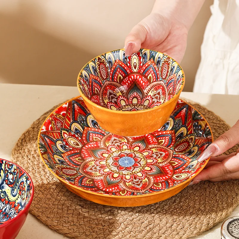 Bohemian 3Pcs Ceramic Bowl Plate Set, Underglaze Color, Vintage One Person Tableware for Rice Breakfast Dessert, Microwave Safe