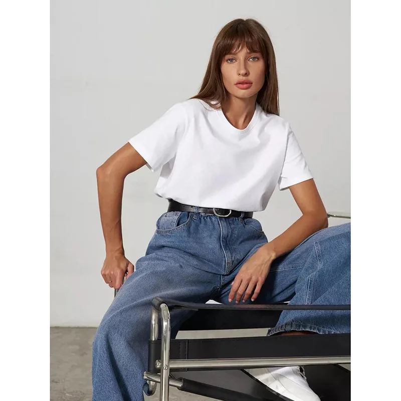 Classic Round Neck Solid T-shirt Summer New Simple Loose Fashion Pure Cotton Texture Base Top Women's Casual Short Sleeve Blouse