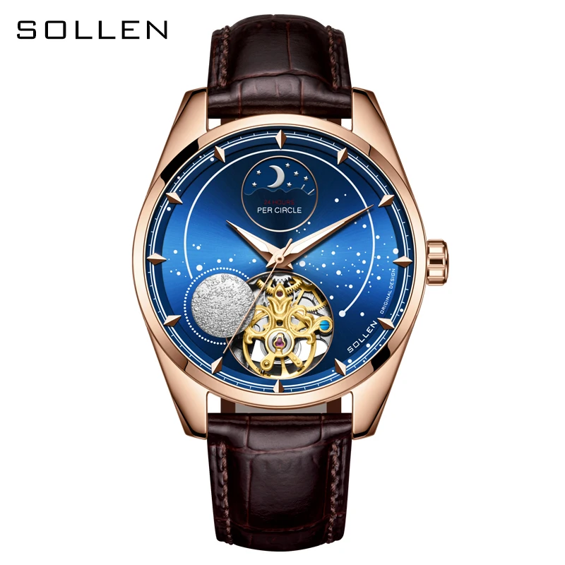 

Switzerland Luxury Brand SOLLEN Automatic Mechanical Sapphire Men's Watches Luminous Waterproof Moon Phase Skeleton Clock SL329