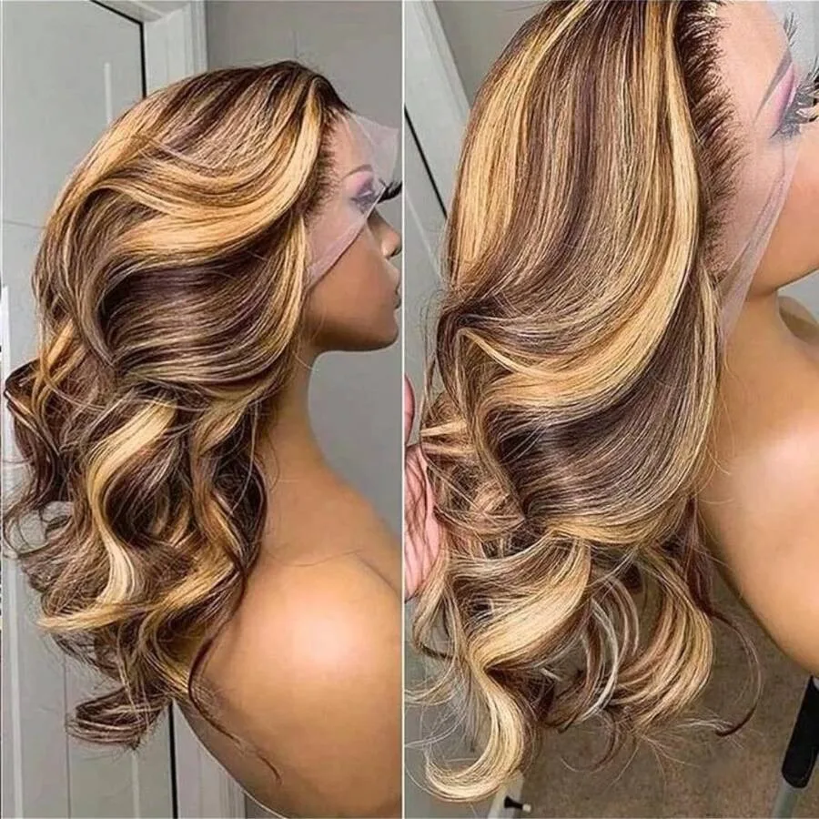 

30-дюймовый медовый блондин Ombre Lace Front Wig Человеческие волосы 13x4 HD Lace Front Glueless Wig 4/27 Highlight Ombre Body Wave Lace Wig