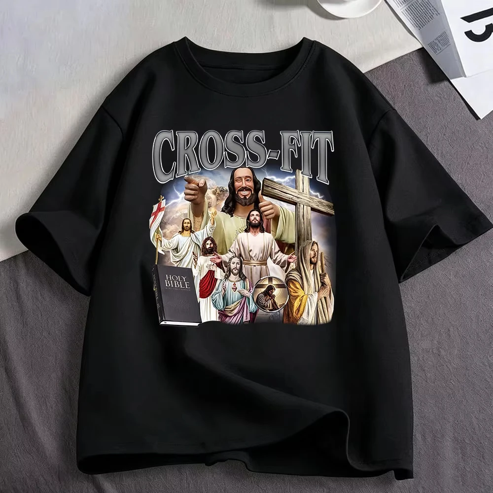 Cross-Fit Jesus Funny Meme Religious Graphic T-Shirt Men's Women Clothing Fashion Cotton Casual Oversized Short Sleeve T-shirts