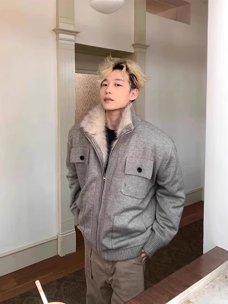 

Thiened Fce Men's Knitted Sweater Coat Casual Loose Fit Long Sve Stand Collar Pure Color Spring Autumn Faion