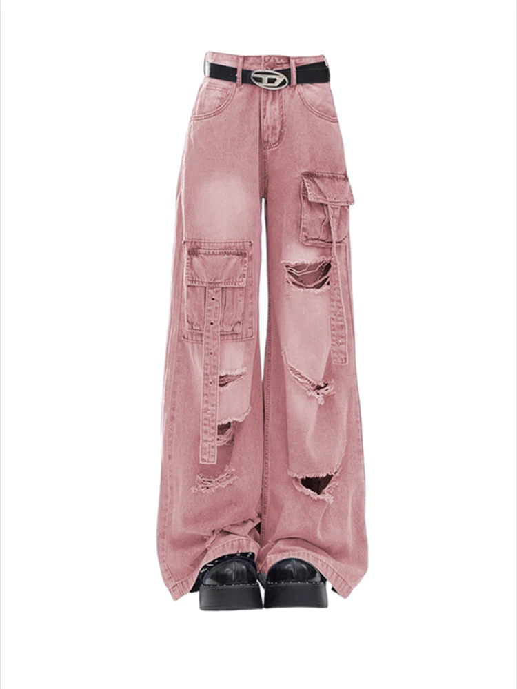 

High Waist Ripped Women's Pink Jeans Hip-hop Style Fashion Vintage Streetwear Y2K Wide Leg Jean 2025 Trouser Baggy Denim Pants