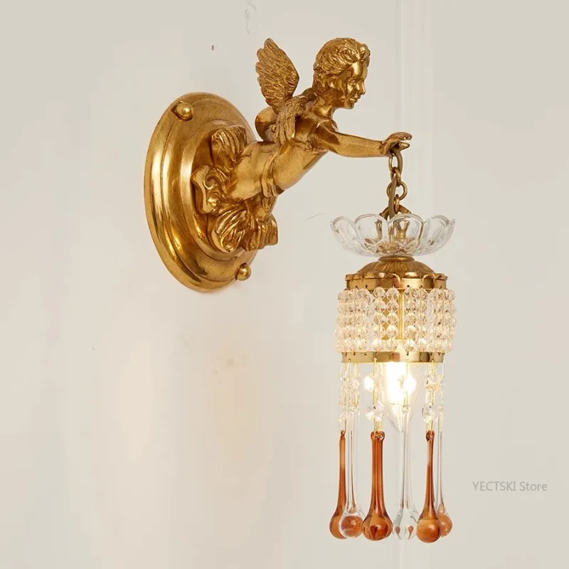 

French wall lamp, European luxury crystal wall lamp, living room bedroom bedside lamp, villa angel classical lamp