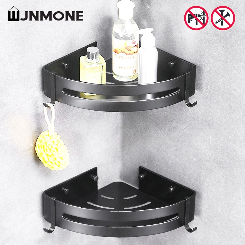 Black No Punching Bathroom Shelf Organizer Shower Storage Rack Corner Shelves Wall Mounted Toilet Shampoo Holder Kitchen Shelf