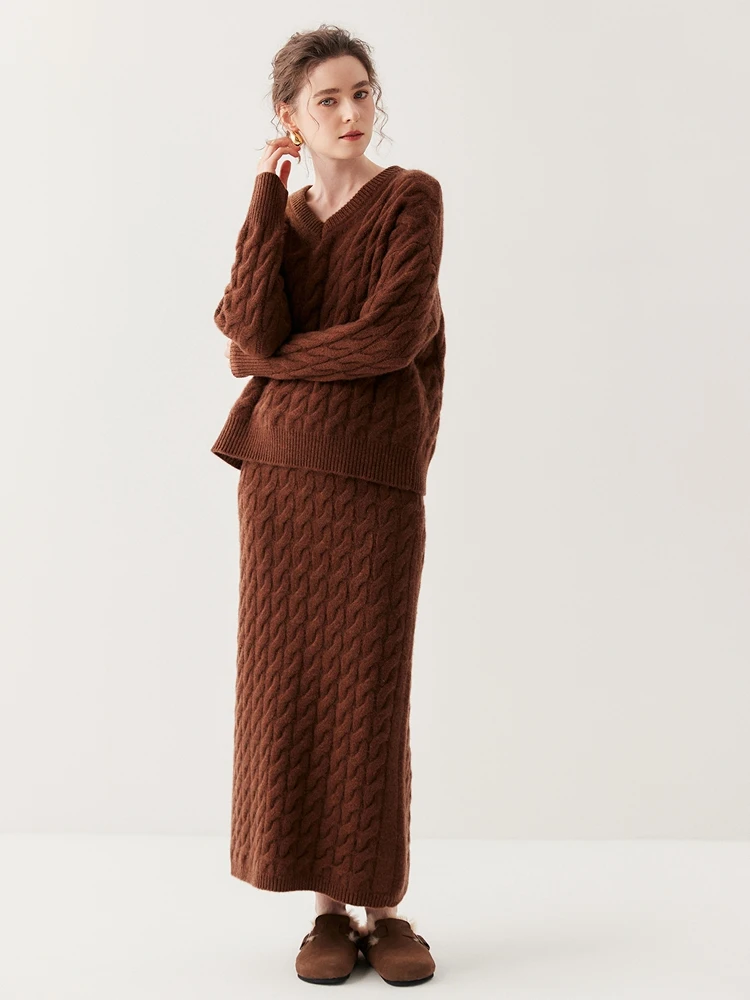

CHICUU Women's 100% Cashmere Sweater Skirt Set V-neck Pullover A-line Skirt Cable Knit Sweater Autumn Winter Thick Comfy Cloth