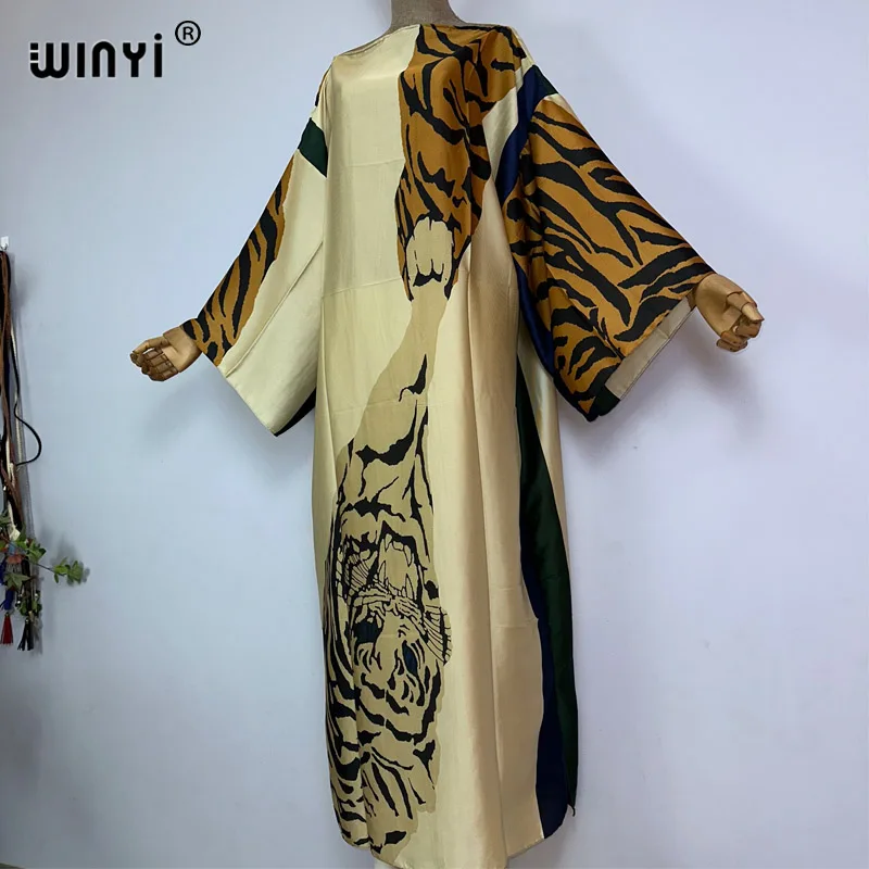 WINYI high-quality Women summer Tiger print Evening Party Beachwear Africa Lady kaftan sexy elegant holiday beach silk dress