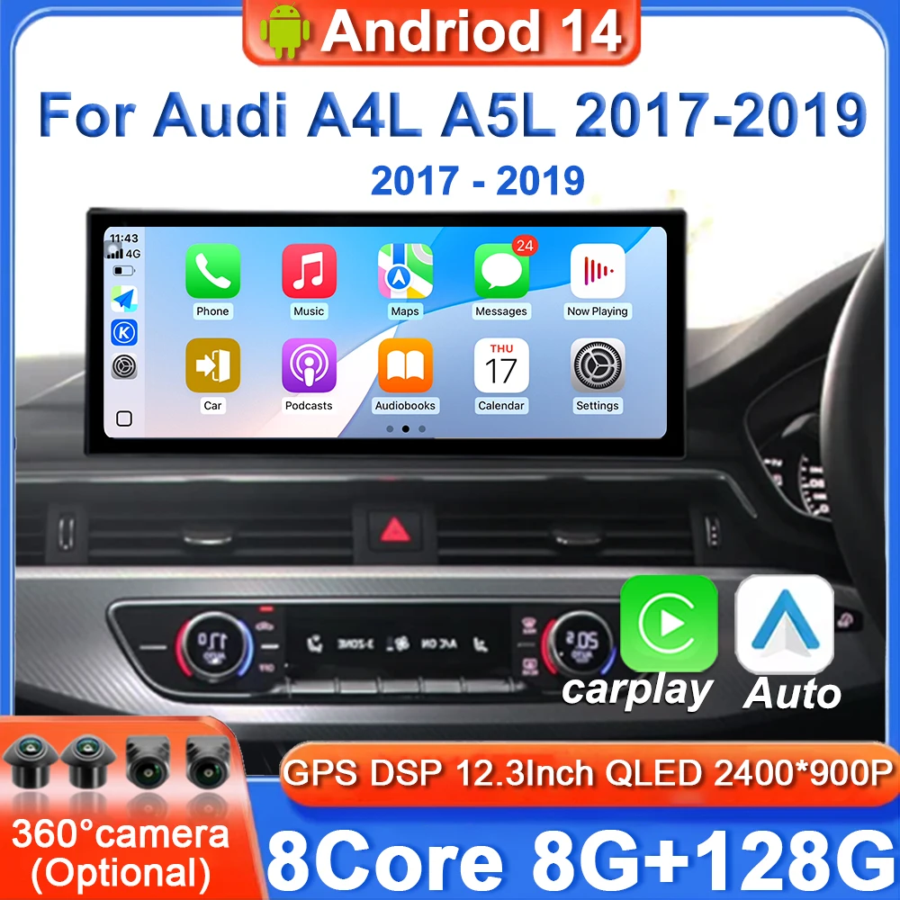 12,3 "Android 14 Für Audi A4L A5L 2017 - 2019 Radio Multimedia 4G Drahtlose Bluetooth Carplay Navigation Bildschirm rechtslenker