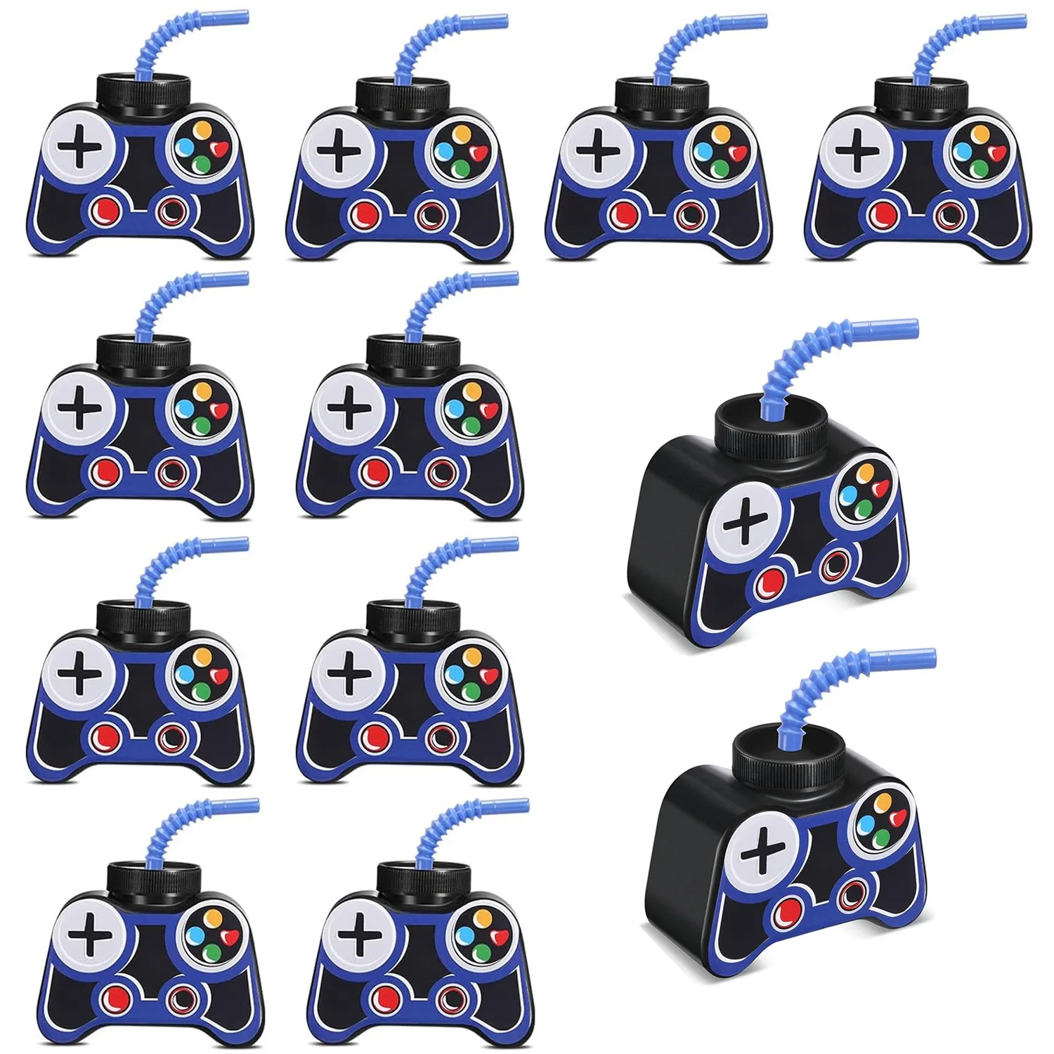 12 Pcs Plastic Video Gaming Party Favor Gift Supplies Cups with Straw,10oz Gamer Birthday Party Video Game Shape Cups-Blue