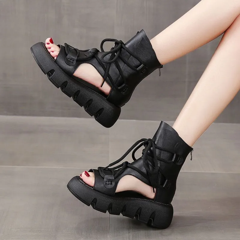 

Fish-Mouthed Roman Retro Sponge Summer High-Top Sandals 2025 New Thick-Soled Perforated Comfortable Cool Boots