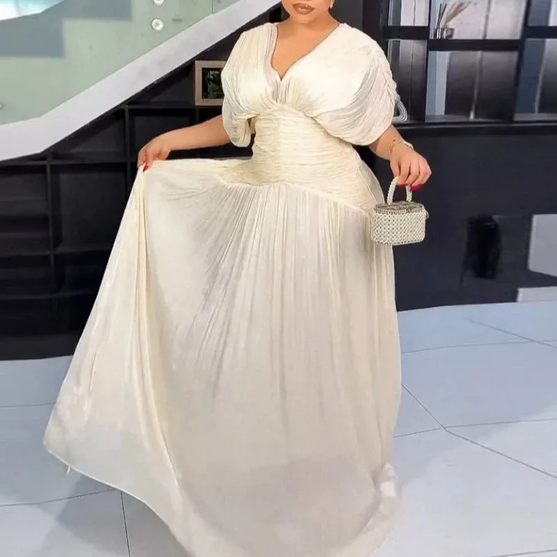 Irregular Swing Women Elegant Dress Sexy Deep V High Waist Pleated Banquet Dress Casual Backless Hollow Out Short Sleeved Dress