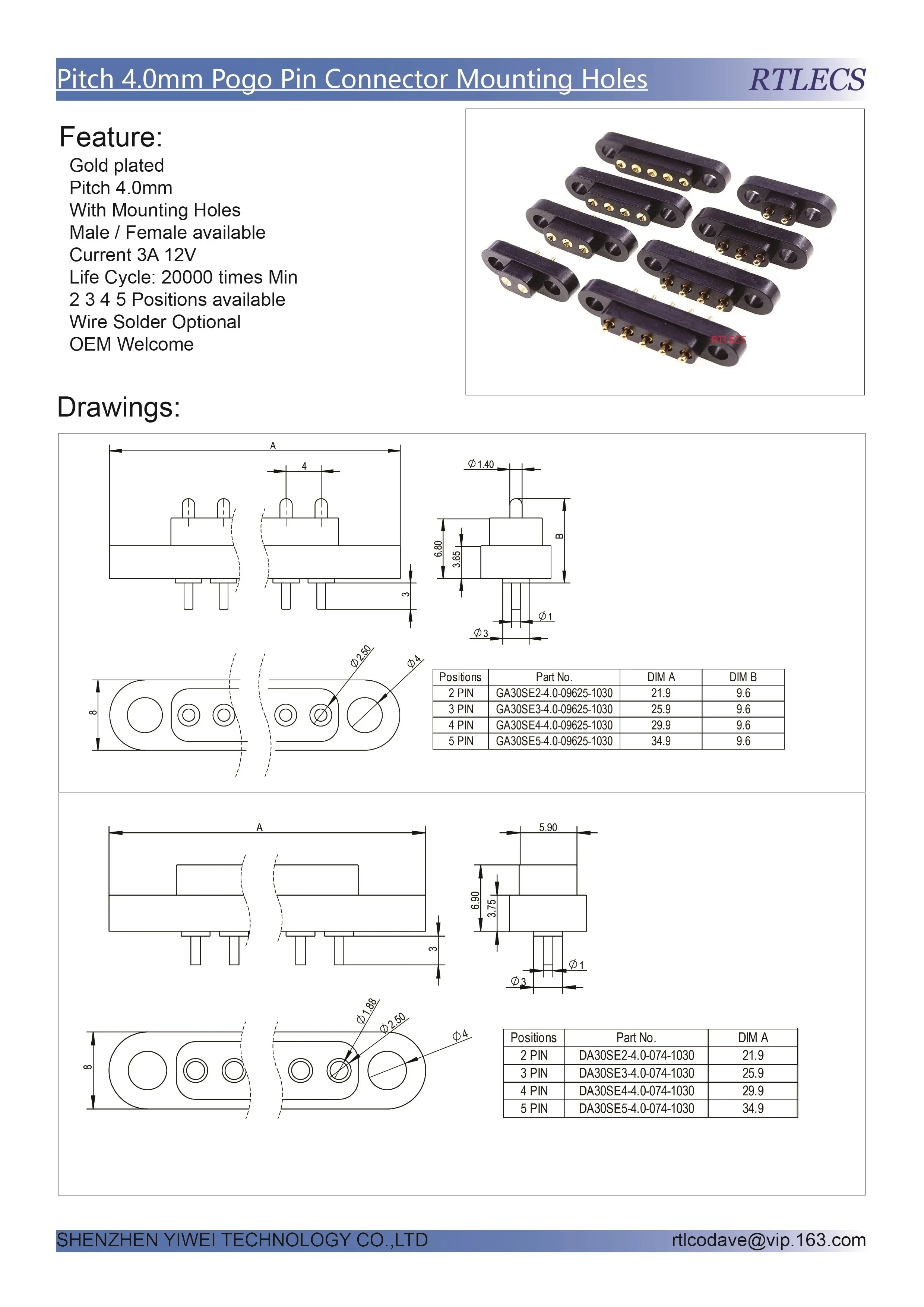 1/3/5 Paar PogoPin-Stecker, 3 A, männlich, weiblich, 4,0 mm Rastermaß, federbelastet, 2, 3, 4, 5-polig, DIP, Durchgangsloch, PCB-Montage, Ohr, vergoldet – Detail 1