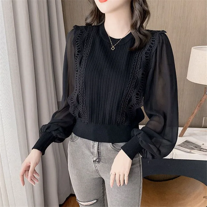 Korean Elegant Lace Patchwork Long Sleeve Black White Chiffon Shirts Women Autumn Chic Knitted Pullover Blouse Tops Blusas Mujer