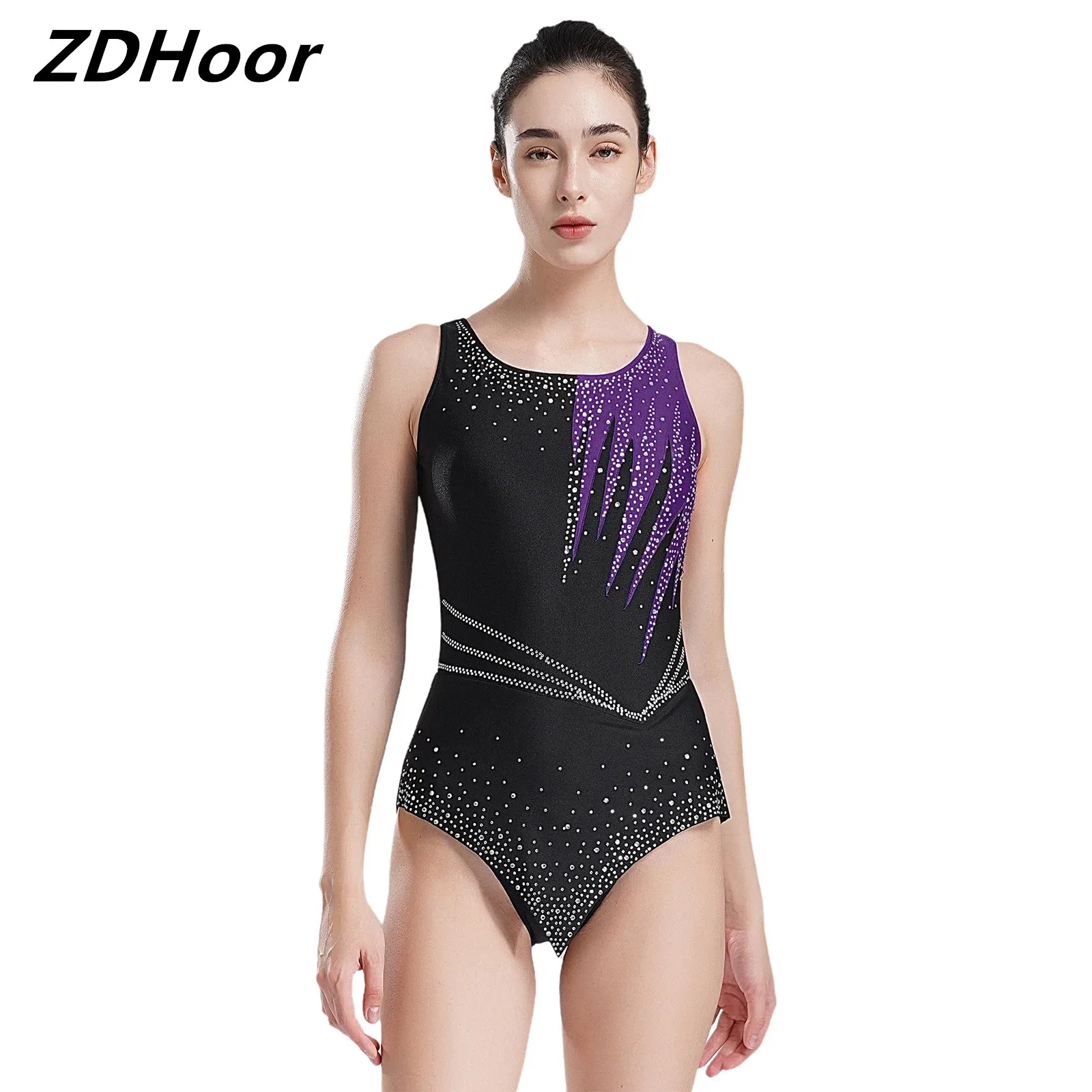 

Womens Ballet Leotard Rhythmic Sleeveless Leotard Shiny Rhinestones Contrast Color Bodysuit Gymnastics Performance Costume