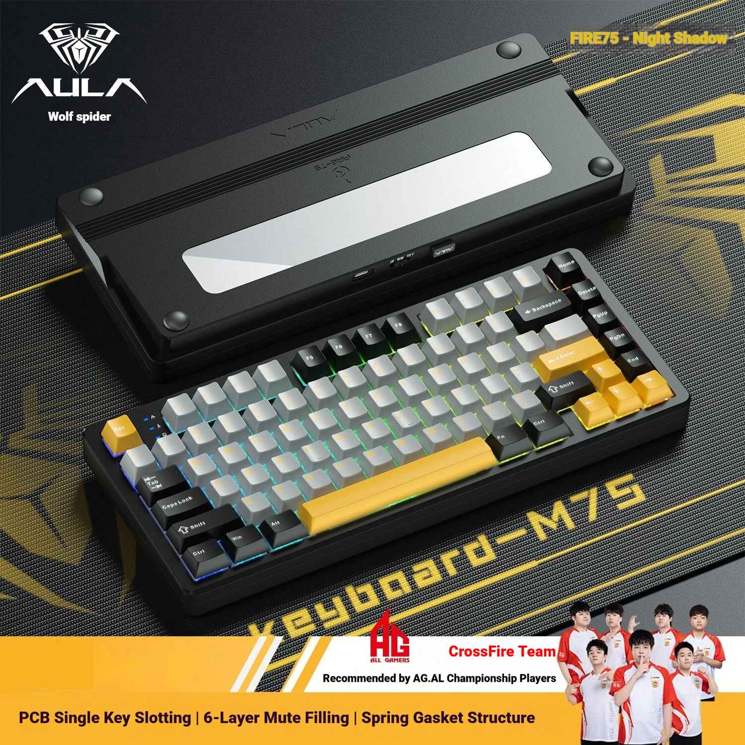 

Беспроводная механическая клавиатура AULA M75, три режима, для киберспорта, игровая, алюминиевая, с аккумулятором 8000 мАч, бесшумная