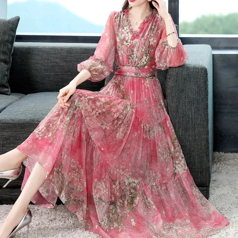 Silk V-neck High-end Skirt Mid Long Spring Summer Women 2024 New Printing Temperament Mulberry Silk A-line Dress Female Vestidos