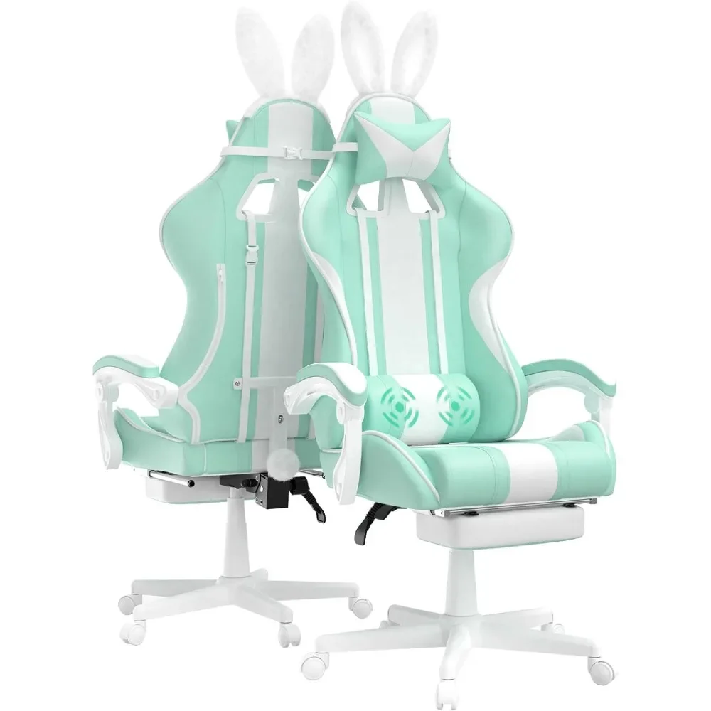 

Kawaii Gaming Chair with Bunny Ears, Ergonomic Cute Gamer Chair with Footrest and Massage, Racing Reclining Leather 250lbs