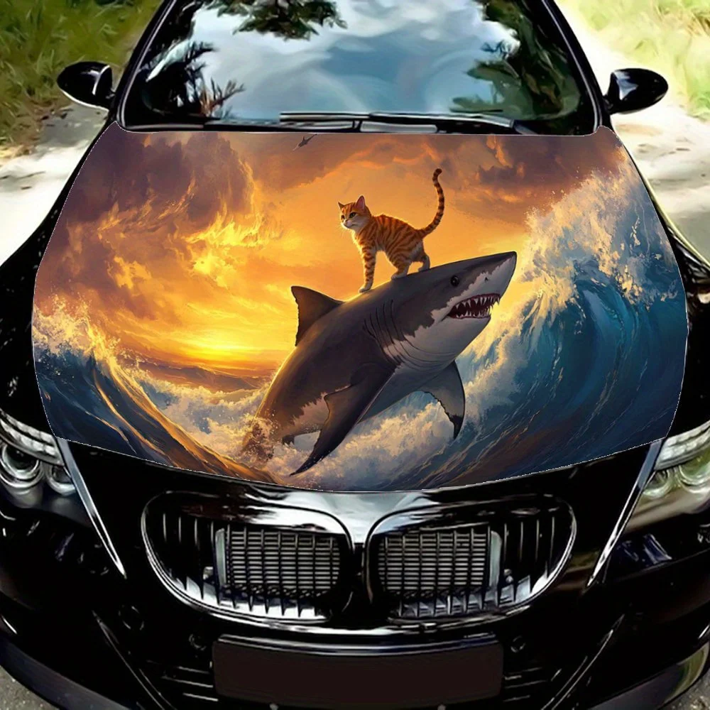 

Кошка на акуле Ocean Sunset, обертка на капот автомобиля, цветная виниловая наклейка, графический капот грузовика, автоаксессуары, украшение, наклейка, подарок