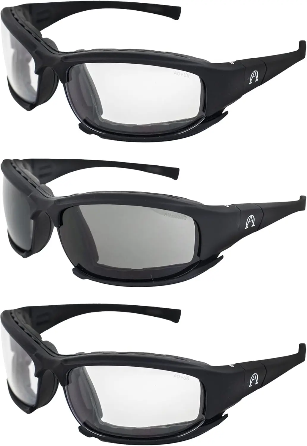 

Motorcycle Sunglasses Foam Padded Riding Safety Glasses Z87.1 Convertible to Goggles for Men or Women 3 Pair Black Frame w Clear
