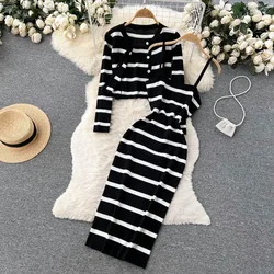 Chic Casual Twp-piece Sets Knit Long Sleeve Coat Vintage Basics Striped Straps Dress Evening Party Autumn Winter Women Clothing